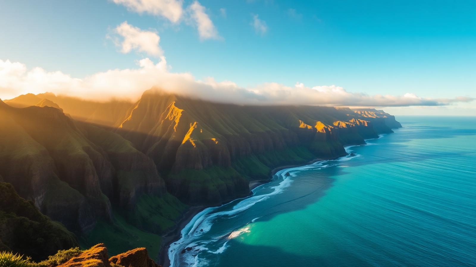 Emerald Napali Coast cliffs of Kauai plunging into the turquoise Pacific at golden hour